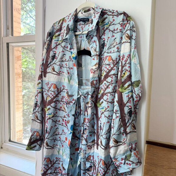 NWT Karen Mabon Winter Birds Satin Pajama Set Button Down Top + Pants Large - Picture 4 of 14